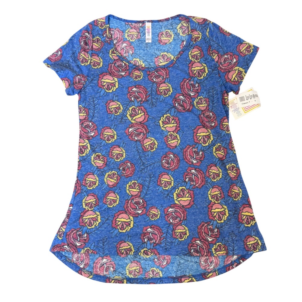 NWT LuLaRoe Classic T Blue Top with Floral Print Hi Low Hem Women's Size Small